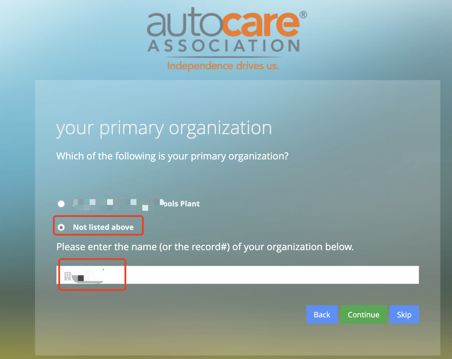 AutocareVIP 公司选择 Not listed above 页面示意图